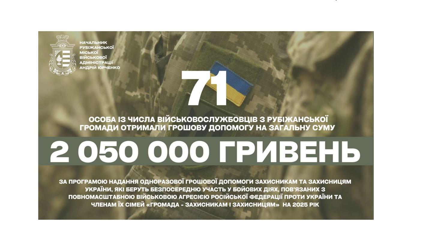 Понад два мільйони гривень цьогоріч виплачено Рубіжанською громадою нашим оборонцям