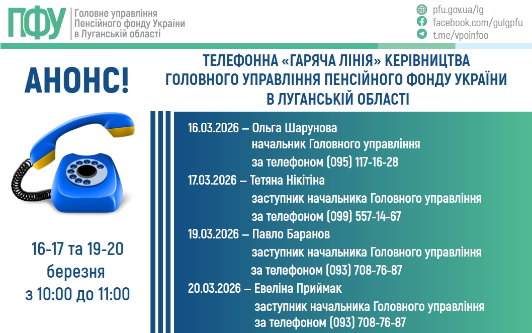 У березні «гарячі лінії» керівництва ПФУ Луганщини працюватимуть протягом чотирьох днів