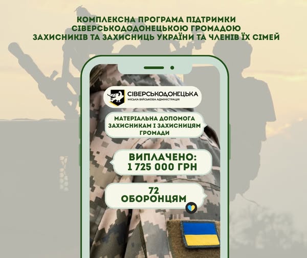Сіверськодонецькою громадою виплачено ще майже два мільйони гривень 72 військовослужбовцям