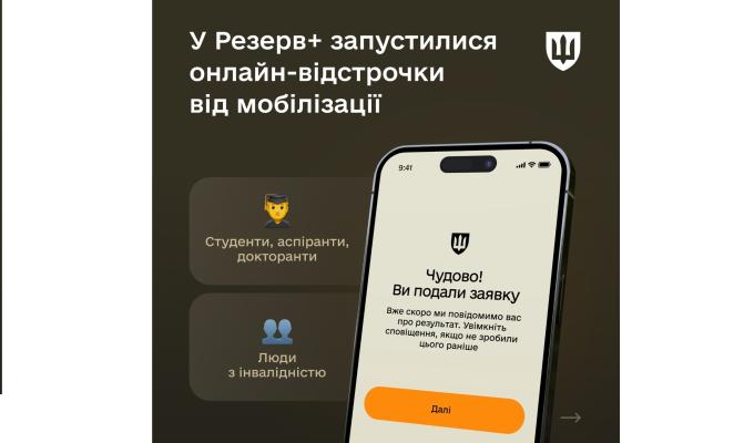 Відсьогодні у Резерв+ запрацювала можливість оформити відстрочку від мобілізації онлайн