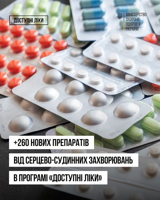 До програми реімбурсації «Доступні ліки» додали ще 260 торговельних назв лікарських засобів для лікування серцево-судинних і цереброваскулярних захворювань 
