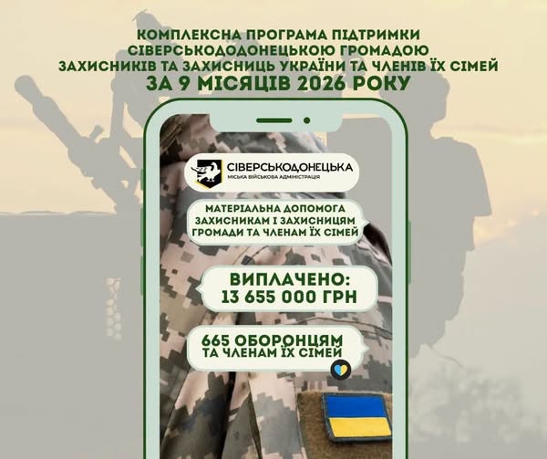 13,6 млн гривень спрямовано на підтримку Захисників та Захисниць Сіверськодонецької громади