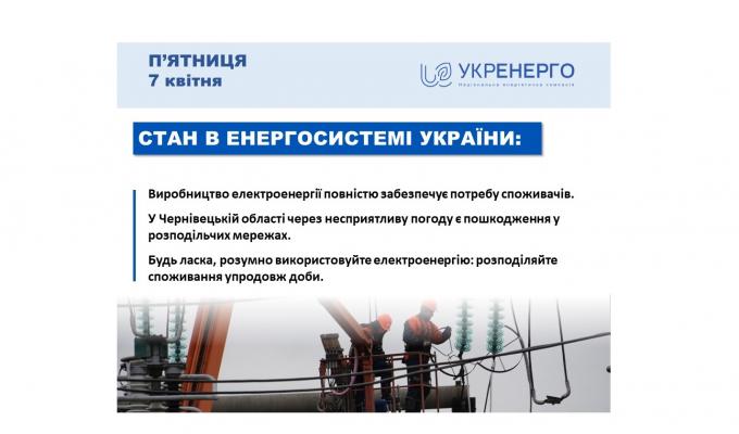 Станом на 7 квітня виробництво електроенергії повністю забезпечує потребу споживачів
