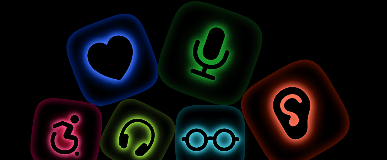 Набір кольорових піктограм, що символізують різні аспекти доступності: слух, зір, мобільність, голос та зв’язок.