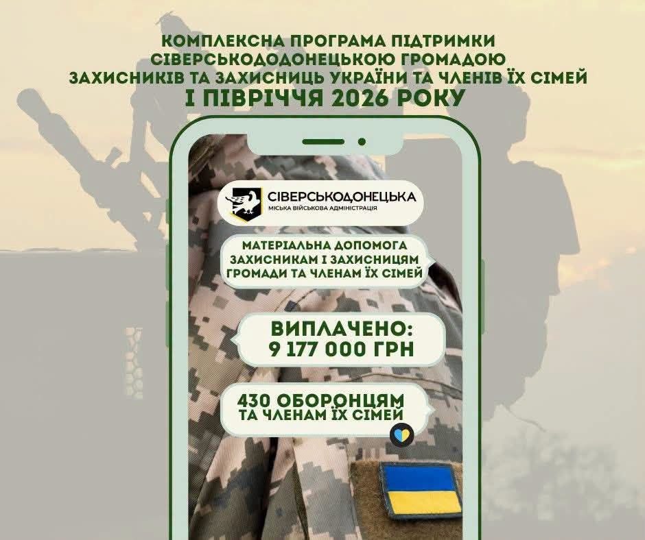 430 оборонців та члени їхніх родин отримали фінансову допомогу від Сіверськодонецької громади на суму понад 9 млн грн