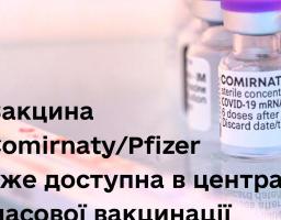Вакцина Comirnaty/Pfizer уже доступна в центрах масової вакцинації