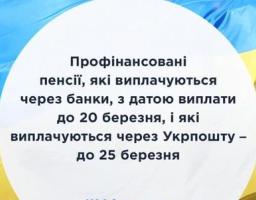 До 20 березня профінансовані пенсії, які виплачують через банки, до 25 березня – через Укрпошту