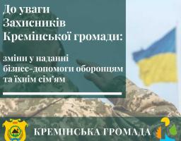 Кремінською громадою змінено умови надання матеріальної допомоги оборонцям України та членам їх сімей на створення, відновлення або розвиток власного бізнесу