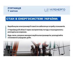 Станом на 7 квітня виробництво електроенергії повністю забезпечує потребу споживачів