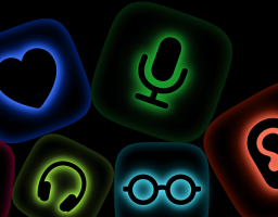 Набір кольорових піктограм, що символізують різні аспекти доступності: слух, зір, мобільність, голос та зв’язок.