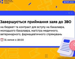 У понеділок завершується прийом заяв до вишів для вступу на бакалавра, молодшого бакалавра, магістра медичного, ветеринарного, фармацевтичного спрямувань