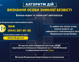 Для близьких родичів та членів сім’ї, які розшукують рідних, розроблено алгоритм дій про визнання особи зниклою безвісти